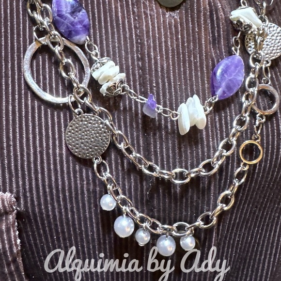 Layered necklace/set/ amethyst mother of pearl silver maximalist - Picture 4 of 6